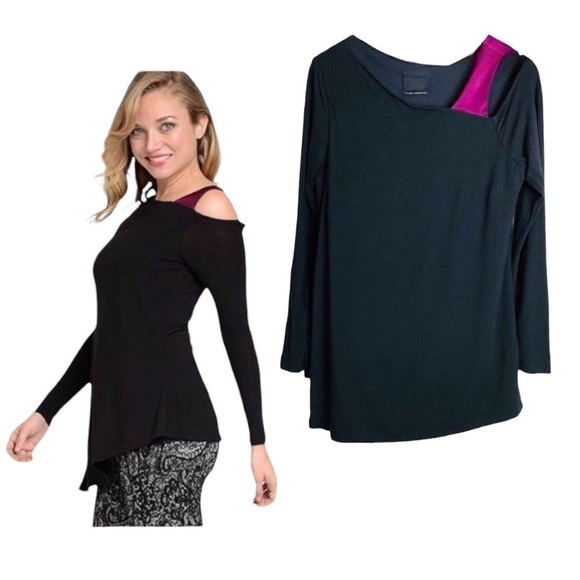 Lysse Black Purple Asymmetrical Long Sleeve Top Medium - Picture 1 of 11